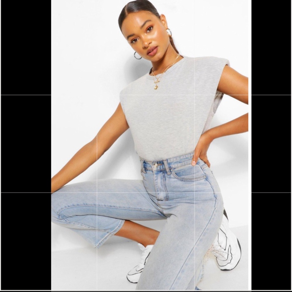 NWT BOOHOO HEATHER GRAY SHOULDER PADDED T-SHIRT BLOUSE FROM UK🇬🇧